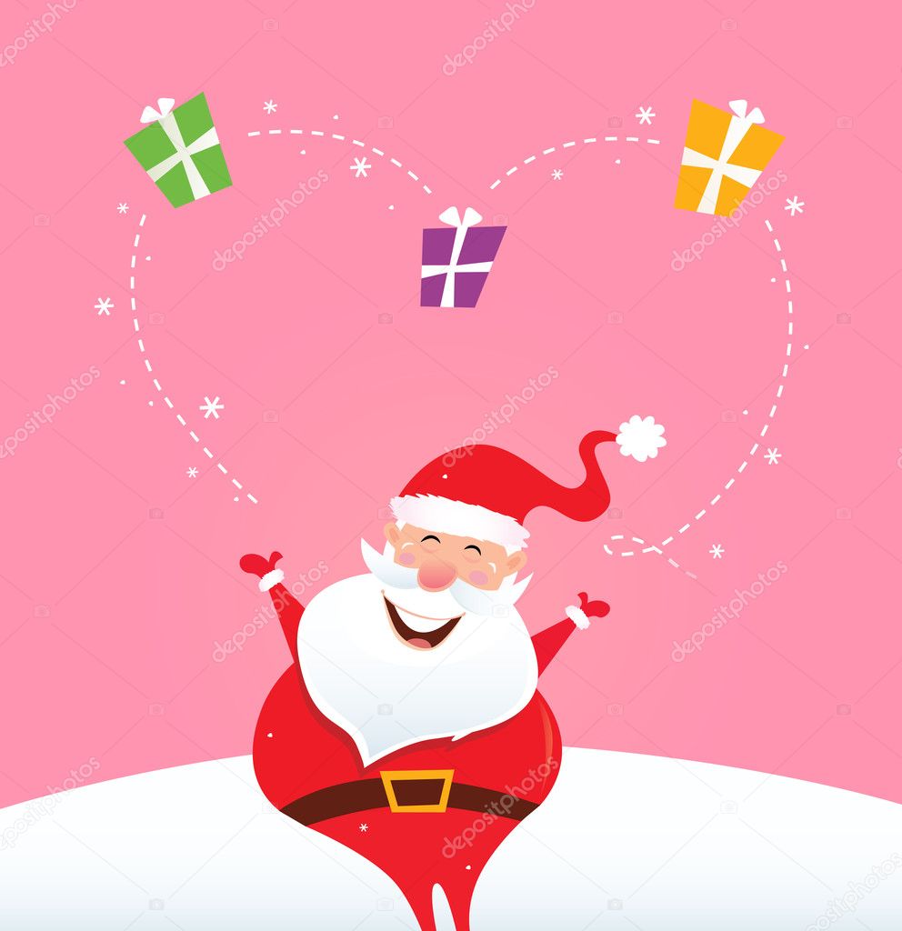 Santa juggling with christmas gifts and making big heart