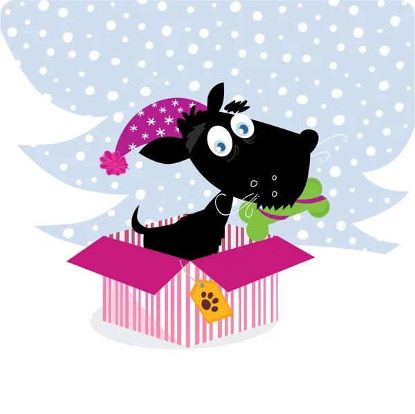 Cute dog puppy sitting in christmas present — Stock Vector