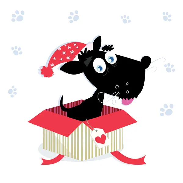 Presente de Natal com bonito cão de Natal com chapéu de Santa vermelho —  Vetores de Stock