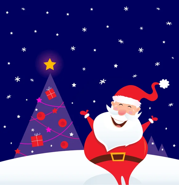 Winternacht: Glücklicher Weihnachtsmann mit Weihnachtsbaum — Stockvektor