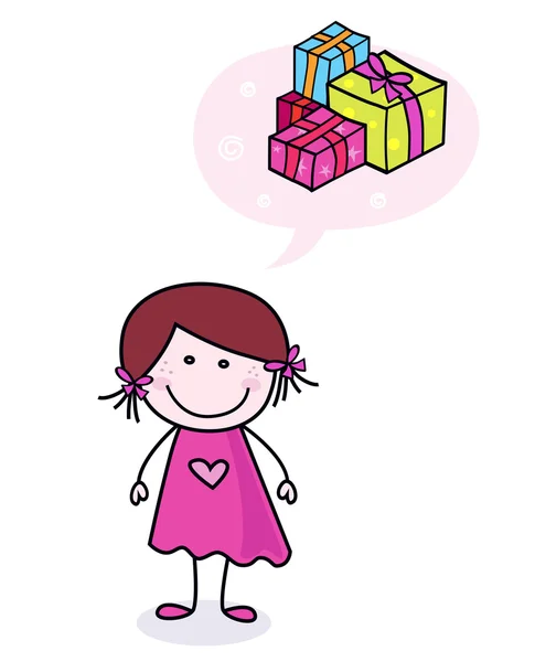 Όνειρο παιδιών: doodle ευτυχισμένος κορίτσι που ονειρεύεται παρουσιάζει — Διανυσματικό Αρχείο