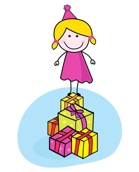 Criança sorridente bonito com presentes isolados em branco - doodle —  Vetores de Stock