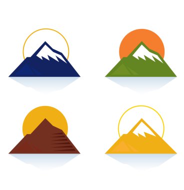 Mountain and tourist icons isolated on white (blue, yellow, green, brown) clipart