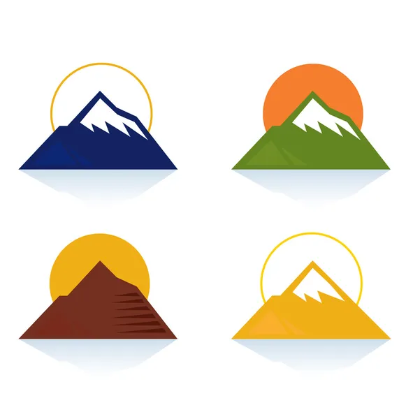 Ikonen der Berge und Touristen isoliert auf weiß (blau, gelb, grün, braun)) — Stockvektor