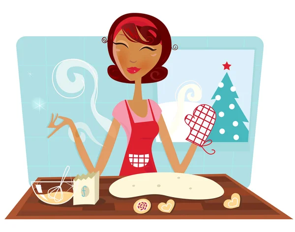 レトロなキッチンにクッキーを焼くクリスマスの女性 — ストックベクタ