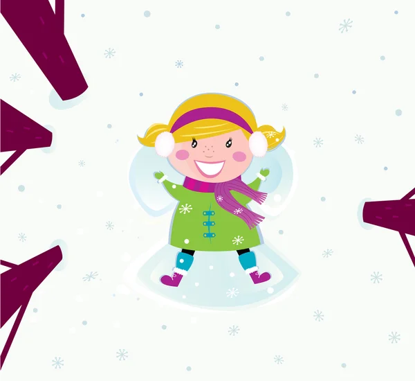 Χριστούγεννα: Ευτυχισμένος κορίτσι στο χιόνι που κάνει τον άγγελο — Διανυσματικό Αρχείο