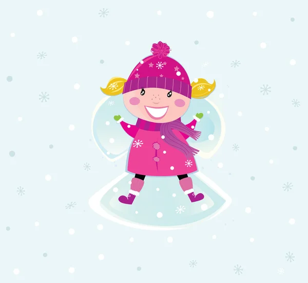 Рождественская девушка в розовом костюме делает снежного ангела — стоковый вектор