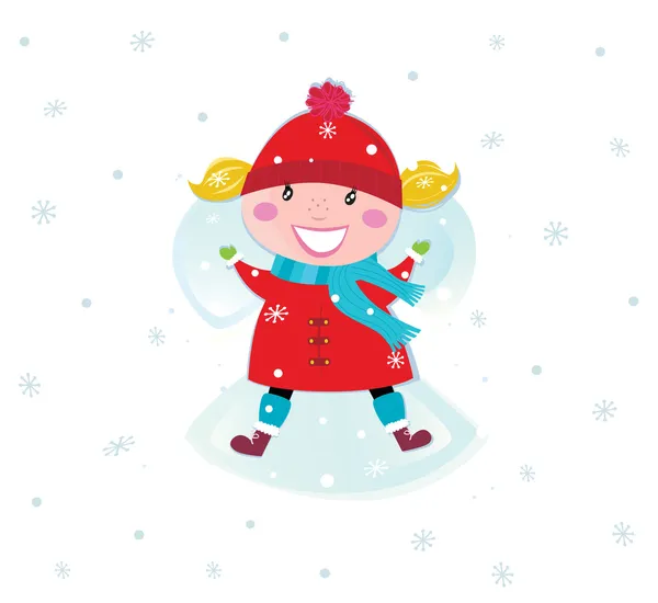 Happy christmas girl in red costume making angel in snow — Stock Vector