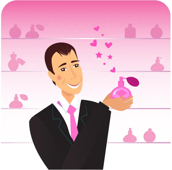 Romance hombre con flacon perfume en la tienda de compras — Vector de stock