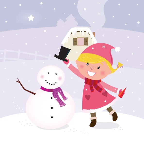 Cute winter girl in christmas pink costume making snowman — Stock Vector