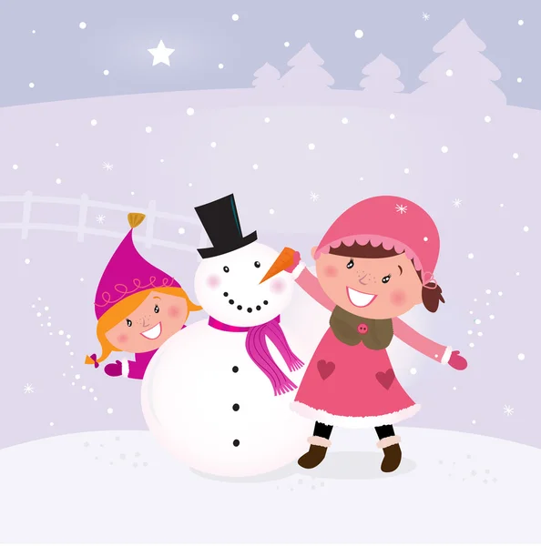 Χειμώνα και τα Χριστούγεννα: δύο χαρούμενα παιδιά κάνοντας χιονάνθρωπος — Διανυσματικό Αρχείο