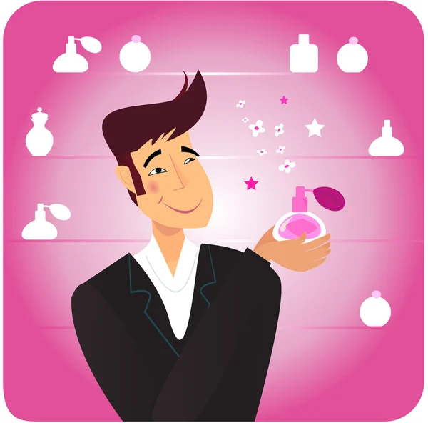 Чоловік з романтичним подарунком - пляшка з рожевими парфумами — стоковий вектор