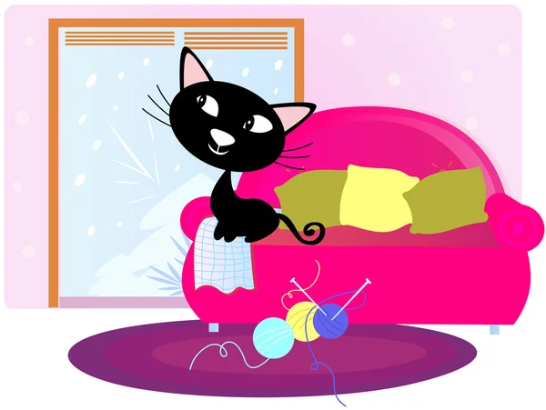 Navidad: Gato negro sentado en el sofá y mirando a través de la ventana — Vector de stock