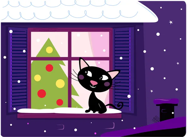 Γάτα ψάχνει μέσα από το παράθυρο, το χριστουγεννιάτικο δέντρο και χιονισμένα Χριστούγεννα νύχτα — Διανυσματικό Αρχείο