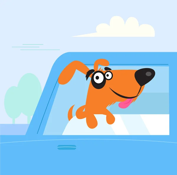 Szczęśliwy pies brązowy i czarny w niebieski samochód — Wektor stockowy