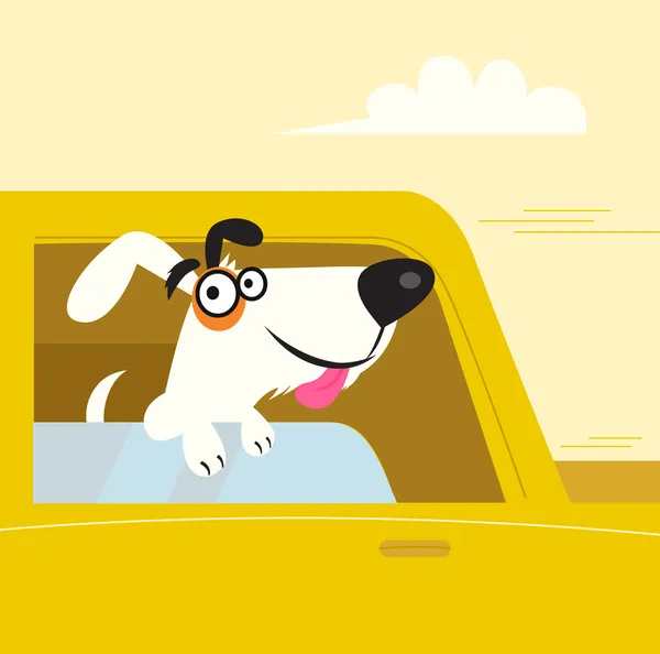Happy black and white dog travelling in yellow car — Stock Vector
