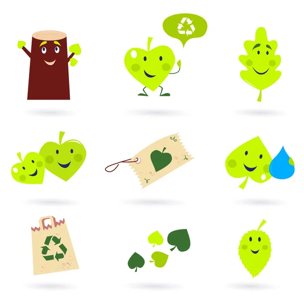 Blad karakters en natuur iconen geïsoleerd op witte achtergrond (groen ) — Stockvector