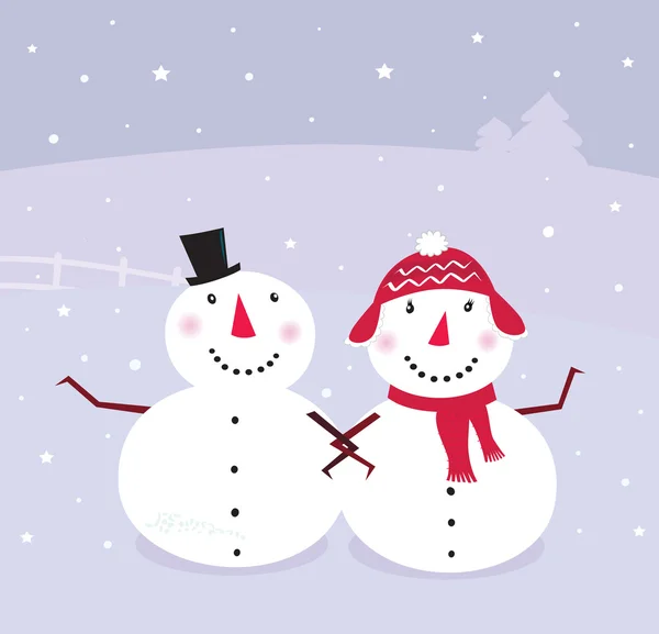 Día de invierno: Muñeco de nieve y nieve - mujer, linda pareja nevada — Vector de stock