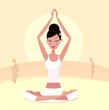 Asia woman with black hair practicing meditation. Stylized vector Illustration in retro style clipart