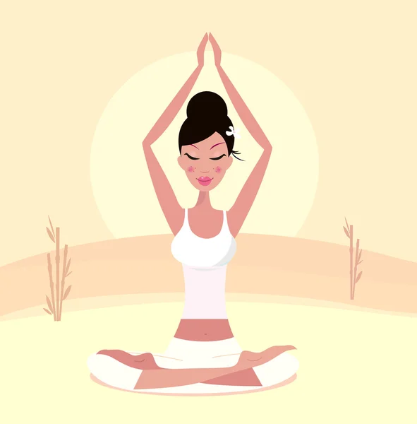 Asia Woman Black Hair Practicing Meditation Stylized Vector Illustration Retro — Stock Vector
