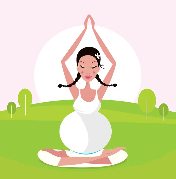 Wellness, yoga & nature : femme enceinte pratiquant l'asana dans un parc verdoyant — Image vectorielle