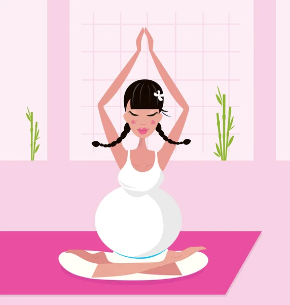 Беременная женщина практикует лотос асана сидя на розовой йоге — стоковый вектор