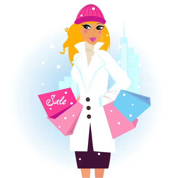 Ilustração Vetorial Mulher Inverno Com Sacos Compras Ilustração Vetorial — Vetor de Stock