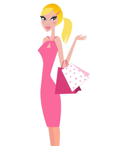 Shopper chica en vestido rosa llevando bolsas de compras — Vector de stock