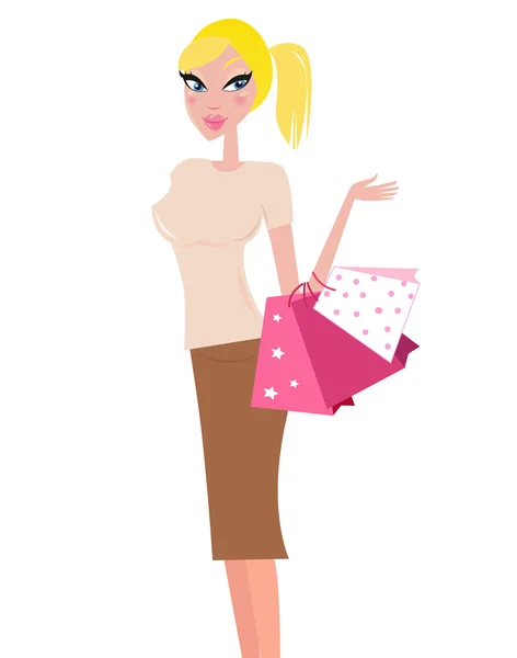 Mujer de compras que lleva bolsas de compras - aislado en blanco — Vector de stock