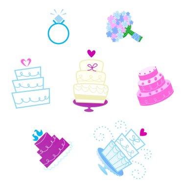 Wedding and Valentine's day desserts and accesories icons clipart