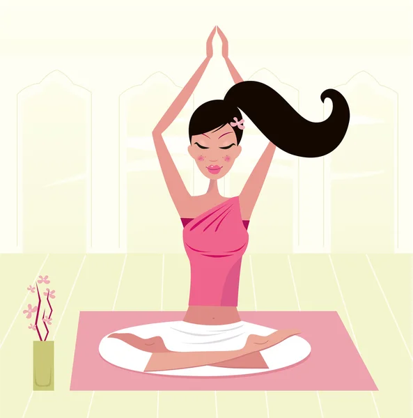 Διαλογισμό γυναίκα εξάσκηση asana γιόγκα στο εσωτερικό εξωτικά — Διανυσματικό Αρχείο