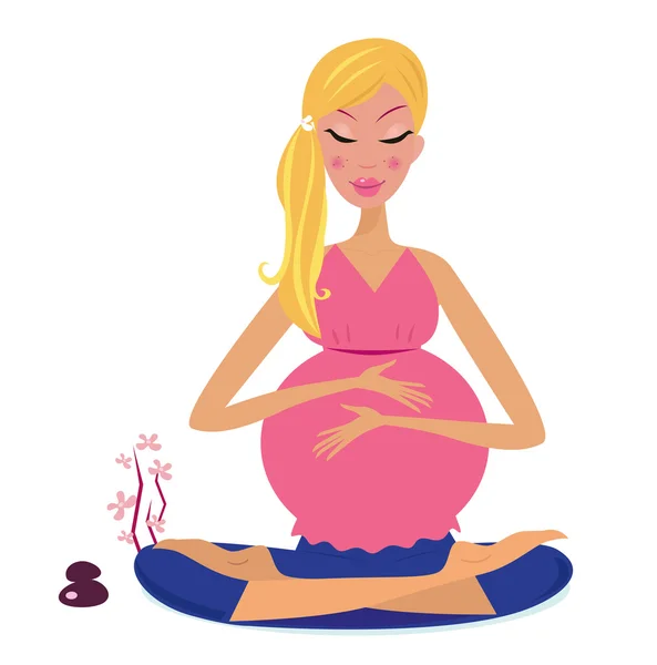 女人抱着肚子 冥想在瑜伽莲花的姿势 病媒图解 — 图库矢量图片