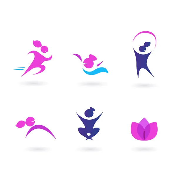 ผู้หญิง กีฬา และไอคอนเพื่อสุขภาพ สีชมพูและสีฟ้า — ภาพเวกเตอร์สต็อก