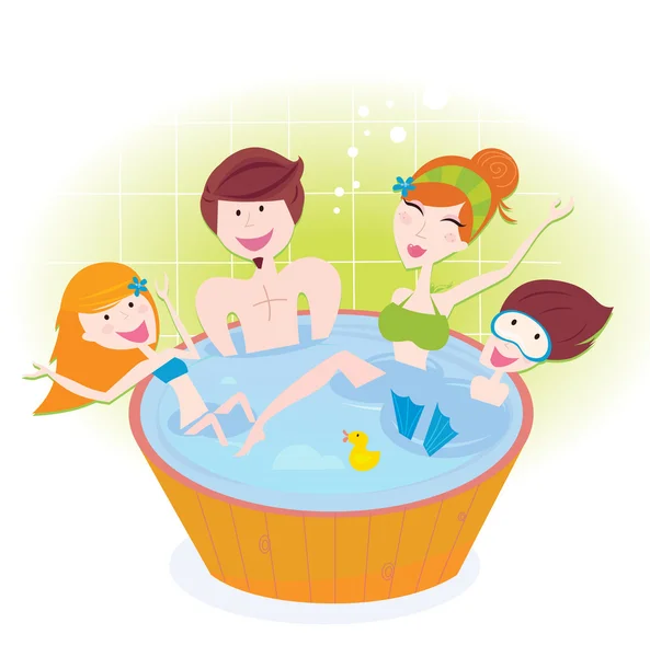 Mother Father Children Relaxing Bubble Bath Vector Illustration — Stock Vector