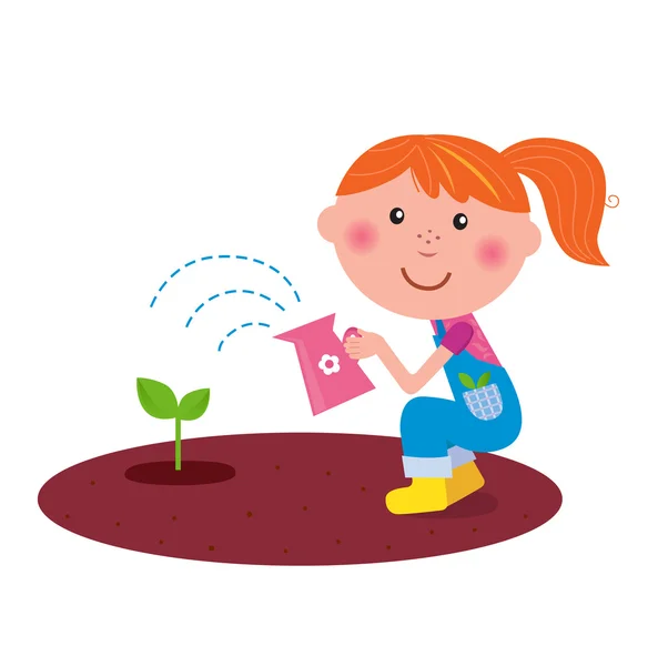 Μικρό κηπουρός κορίτσι πότισμα φυτών στον κήπο — Διανυσματικό Αρχείο