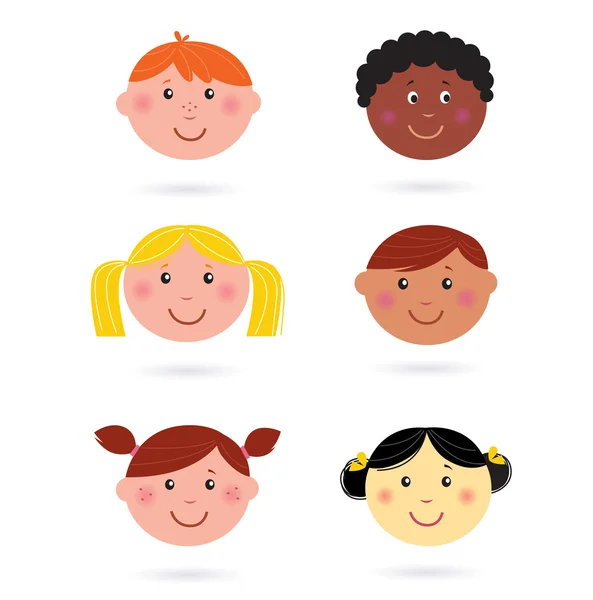 Lindos iconos de cabezas de niños multiculturales - aislados en blanco — Vector de stock