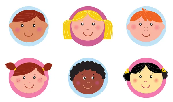 Carino diversità bambini icone o pulsanti rosa e blu — Vettoriale Stock