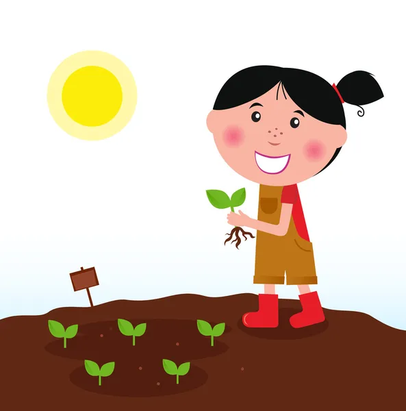 Garota de jardinagem em botas vermelhas com planta verde —  Vetores de Stock