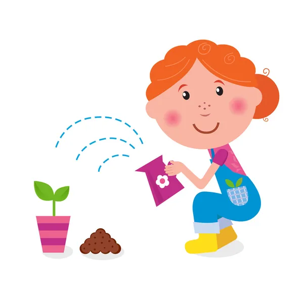 Malá dívka je zalévání rostlin v zahradě — Stockový vektor