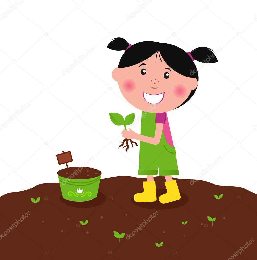 Small farmer girl in the garden. Vector Illustration.