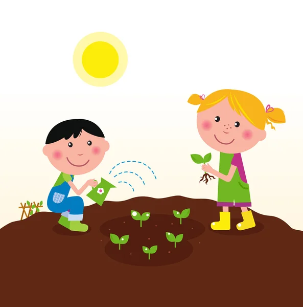 Two happy kids watering and planting plants in the garden — Stock Vector
