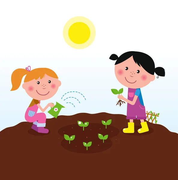 Два счастливых ребенка поливают и сажают растения в саду — стоковый вектор