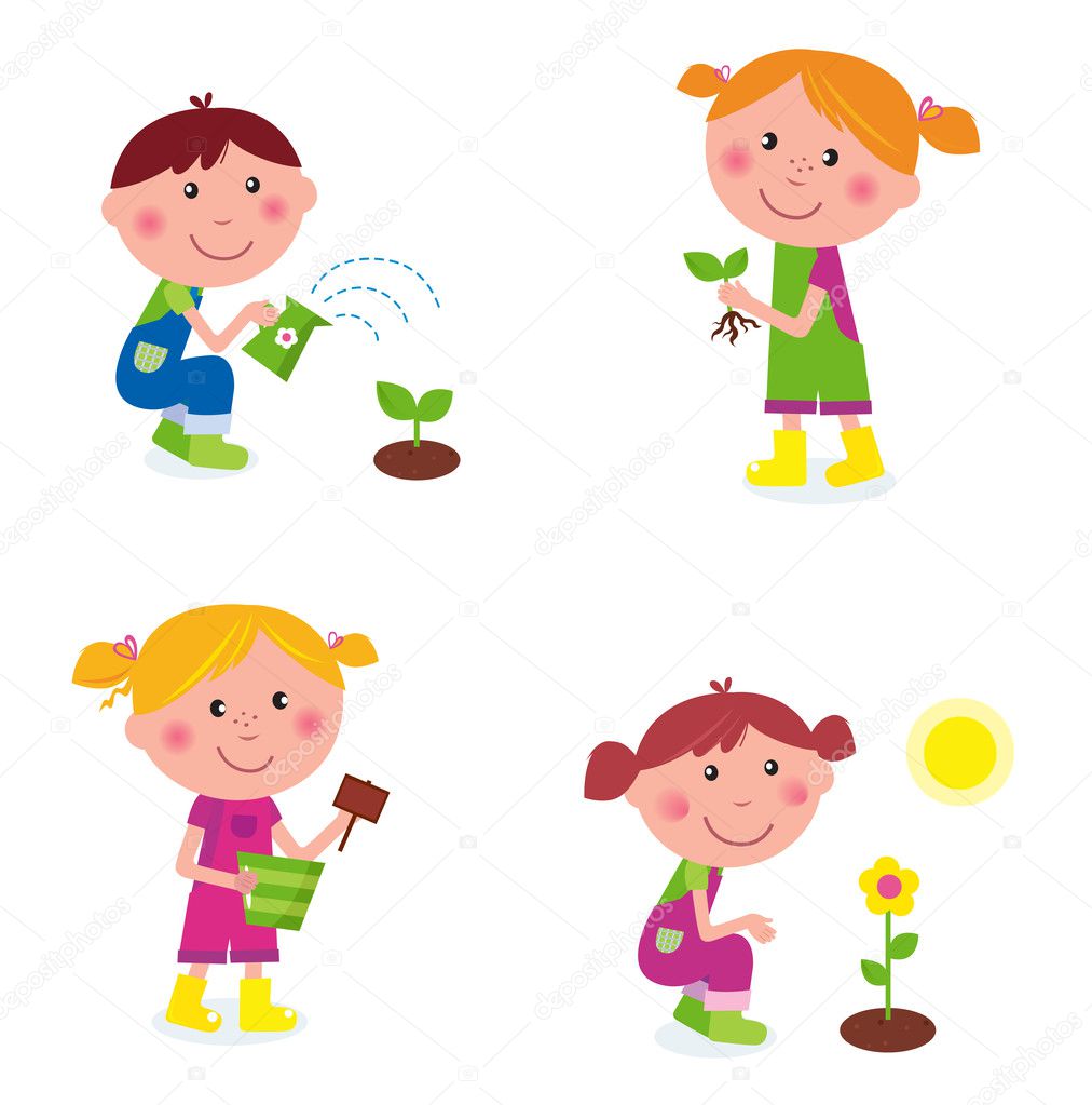 Gardening children collection isolated on white