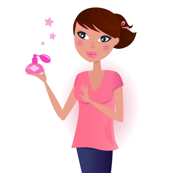 Mädchen in rosa mit Parfümflasche. Vektorillustration. — Stockvektor