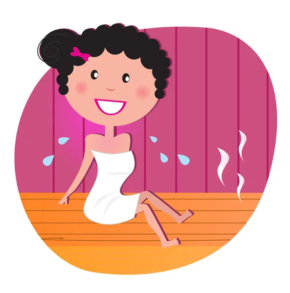 Υγείας και ευεξίας: ευτυχισμένος χαμογελαστό γυναίκα χαλάρωσης στη σάουνα με υπέρυθρη ακτινοβολία — Διανυσματικό Αρχείο