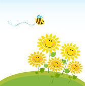 roztomilá žlutá včela se skupinou květin
