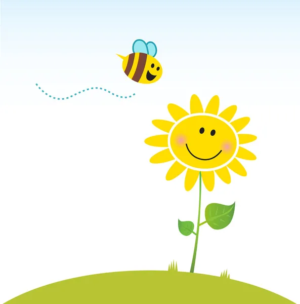 Frühling & Natur: fröhliche gelbe Blume mit Biene — Stockvektor