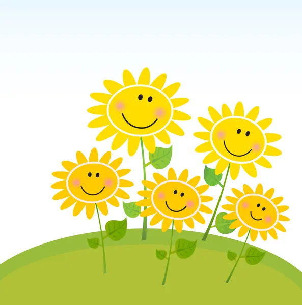 Girassóis Primavera amarelo feliz no jardim — Vetor de Stock