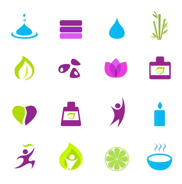 Agua, bienestar, naturaleza e iconos zen - rosa, verde, azul — Vector de stock