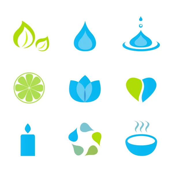 Water, natuur en wellness icons - groene en blauwe — Stockvector